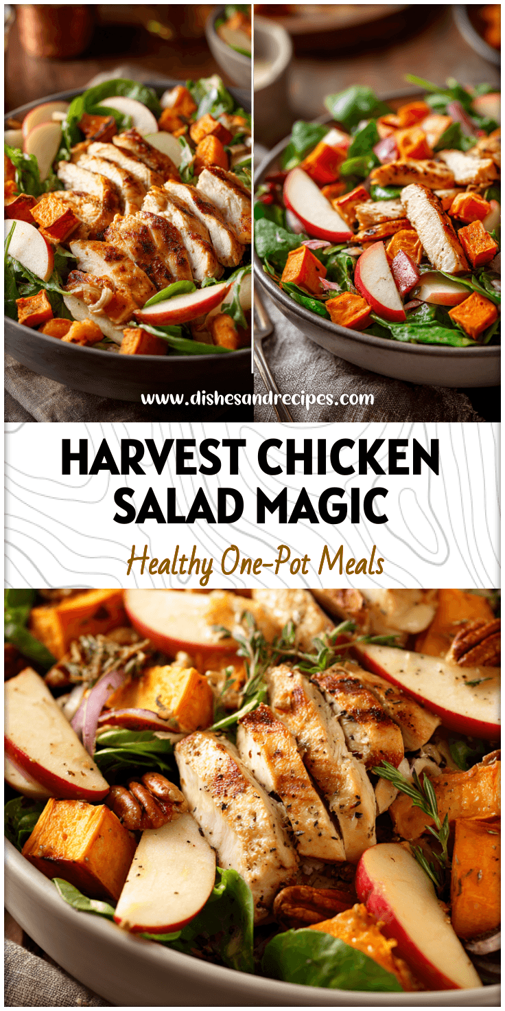 A fall salad bowl with grilled chicken, apple slices, and roasted sweet potatoes served for a cozy Friendsgiving Salad.